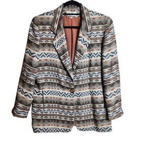 The Icing Womens Southwestern Geometric Tapestry Blazer Jacket Brown Tan Size M